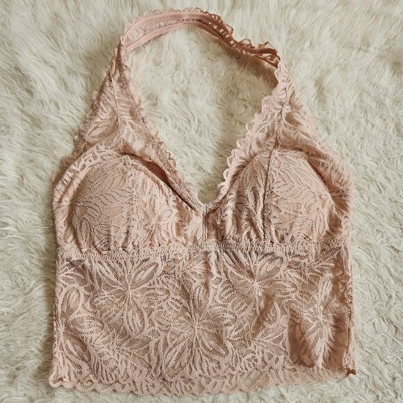Aerie Women's Light Pink Firework Lace Padded Halter Bralette Size: S - Picture 2 of 8